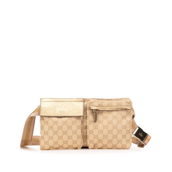 Pre-owned Gucci GG Canvas Web Double Pocket Belt Bag Brown