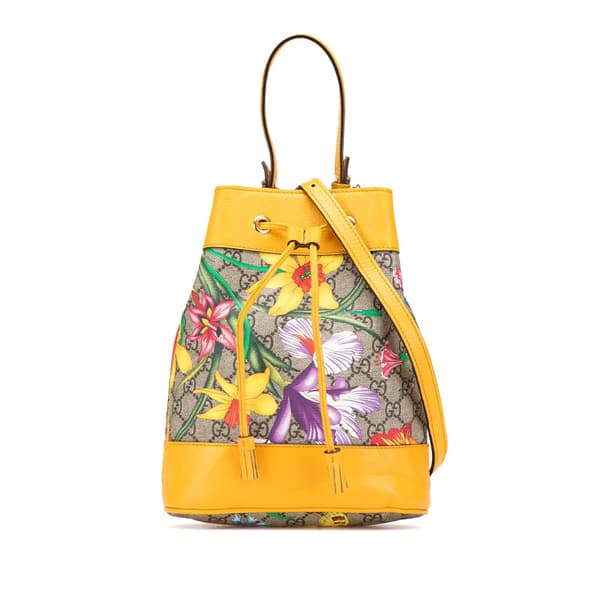Pre-owned Gucci Small GG Supreme Flora Bucket Bag Brown