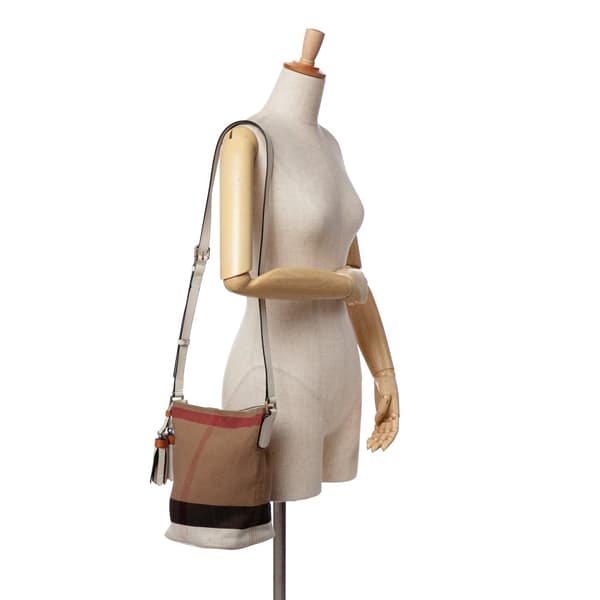 Pre-owned Burberry Mini Mega Check Canvas Ashby Tassel Bucket Bag Brown