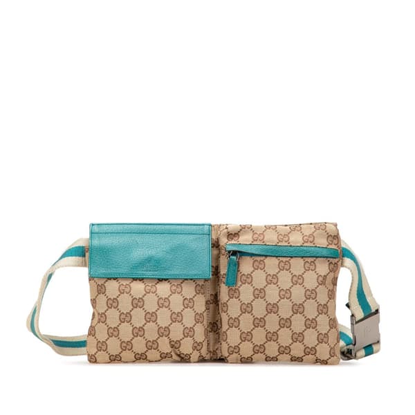 Pre-owned Gucci GG Canvas Web Double Pocket Belt Bag Brown