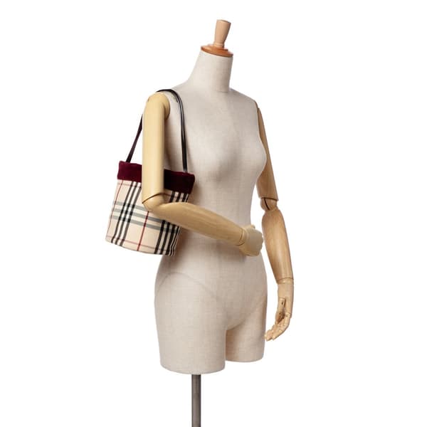 Pre-owned Burberry Velvet Trimmed House Check Canvas Bucket Bag Brown
