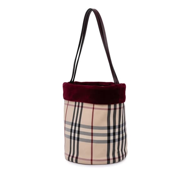 Pre-owned Burberry Velvet Trimmed House Check Canvas Bucket Bag Brown