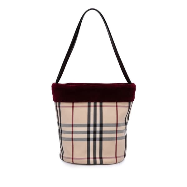 Pre-owned Burberry Velvet Trimmed House Check Canvas Bucket Bag Brown