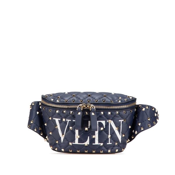 Pre-owned Valentino Quilted Lambskin VLTN Rockstud Spike Belt Bag Blue
