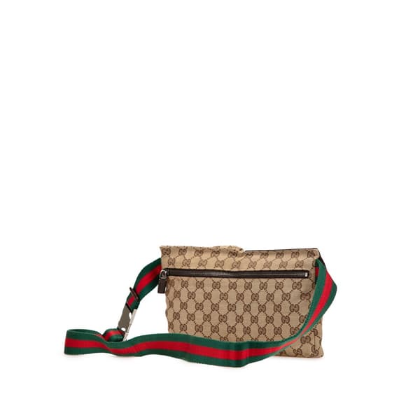 Pre-owned Gucci GG Canvas Web Double Pocket Belt Bag Brown
