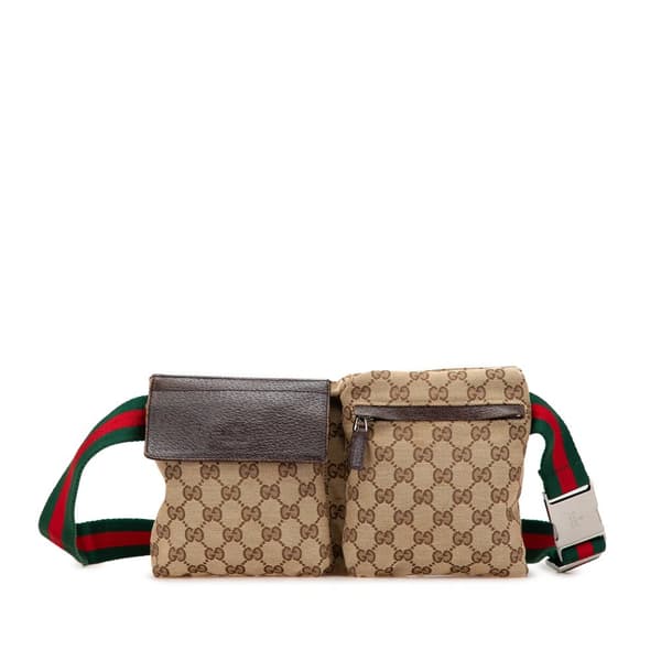 Pre-owned Gucci GG Canvas Web Double Pocket Belt Bag Brown