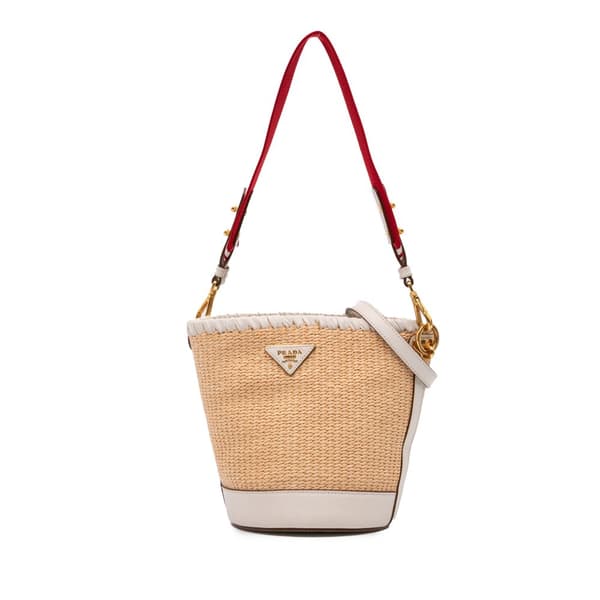 Pre-owned Prada City Calf Trimmed Paglia Bucket Bag Brown