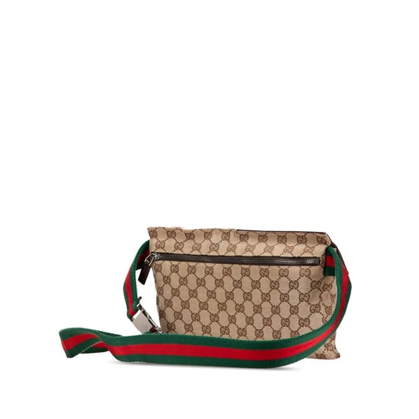 Pre-owned Gucci GG Canvas Web Double Pocket Belt Bag Brown