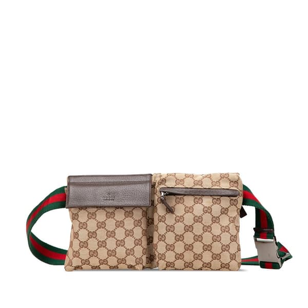 Pre-owned Gucci GG Canvas Web Double Pocket Belt Bag Brown