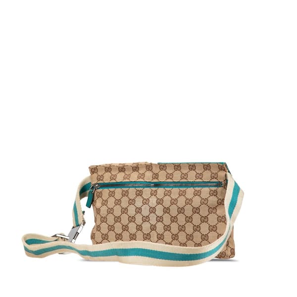 Pre-owned Gucci GG Canvas Web Double Pocket Belt Bag Brown