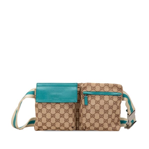 Pre-owned Gucci GG Canvas Web Double Pocket Belt Bag Brown