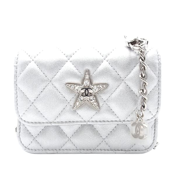 Pre-owned Chanel Metallic Lambskin Crystal Star Chain Belt Bag Silver