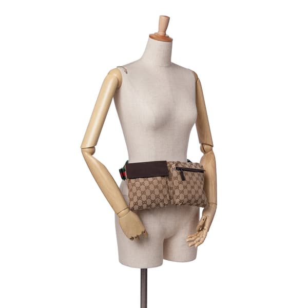 Pre-owned Gucci GG Canvas Web Double Pocket Belt Bag Brown