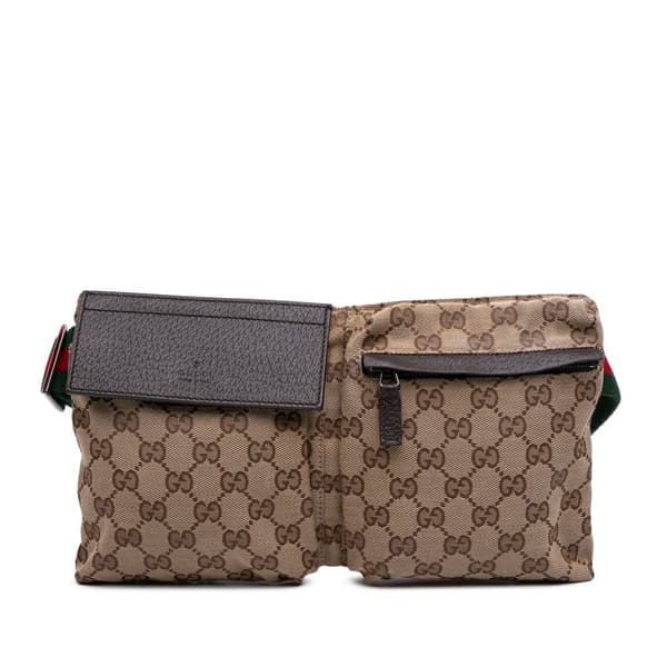 Pre-owned Gucci GG Canvas Web Double Pocket Belt Bag Brown