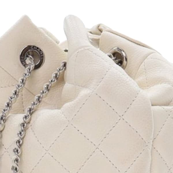 Pre-owned Chanel Small Quilted Caviar Flat Drawstring Chain Bucket Bag White