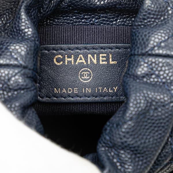 Pre-owned Chanel Mini Quilted Caviar Medallion Charms Drawstring Bucket Bag Blue