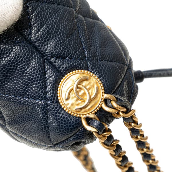 Pre-owned Chanel Mini Quilted Caviar Medallion Charms Drawstring Bucket Bag Blue