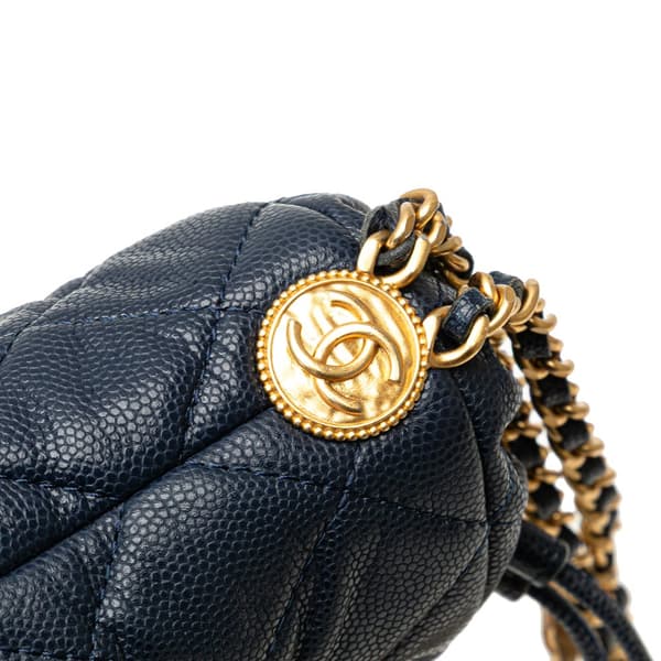 Pre-owned Chanel Mini Quilted Caviar Medallion Charms Drawstring Bucket Bag Blue