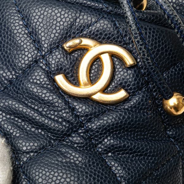 Pre-owned Chanel Mini Quilted Caviar Medallion Charms Drawstring Bucket Bag Blue
