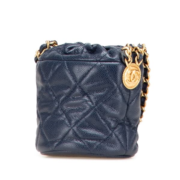 Pre-owned Chanel Mini Quilted Caviar Medallion Charms Drawstring Bucket Bag Blue