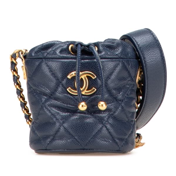 Pre-owned Chanel Mini Quilted Caviar Medallion Charms Drawstring Bucket Bag Blue