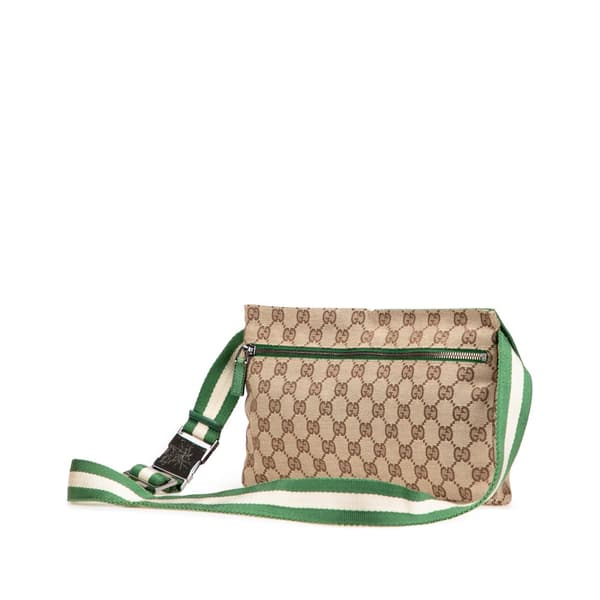 Pre-owned Gucci GG Canvas Web Double Pocket Belt Bag Brown