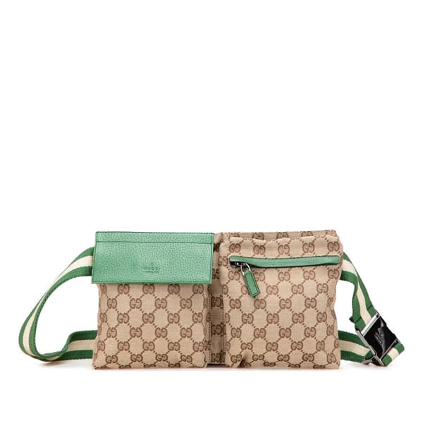 Pre-owned Gucci GG Canvas Web Double Pocket Belt Bag Brown