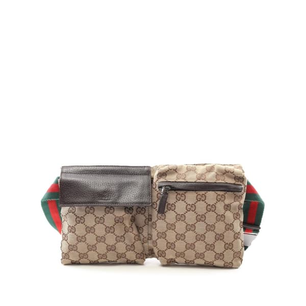 Pre-owned Gucci GG Canvas Web Double Pocket Belt Bag Brown