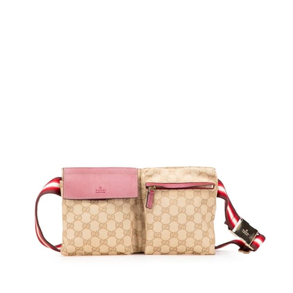 Pre-owned Gucci GG Canvas Web Double Pocket Belt Bag Brown