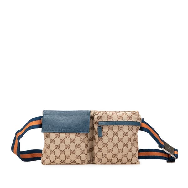 Pre-owned Gucci GG Canvas Web Double Pocket Belt Bag Brown