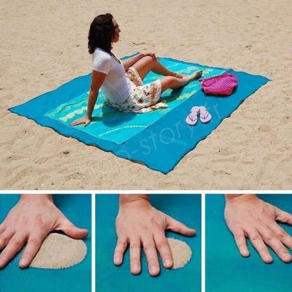 Blå strandmatta 150 x 200 cm - antisandhandduk med 4 pinnar för strand, camping, picknick