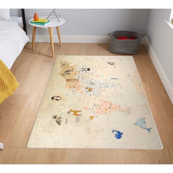 Matta - VÄRLD - Beige - 80x150 cm - Antiglid - Maskintvättbar - Mjuk vid beröring