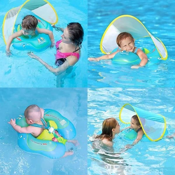 Uppblåsbar babyboj med parasoll - LEYTN - Leytn® - PVC - Blå - Poolsits - 6-36 månader