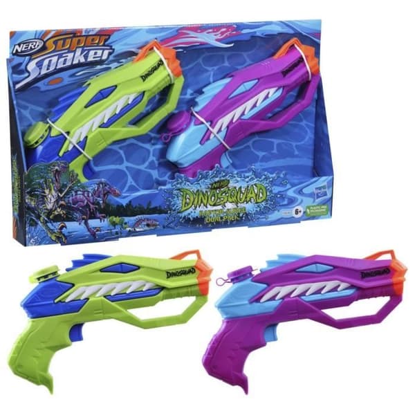 Nerf Dual Pack DinoSquad Raptor-Surge, 2 Super Soaker vattenblasters, dinosauriedesign, vattenspel, från 6 år