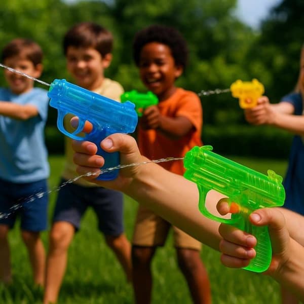 Paket med 4 Transparenta Vattenpistoler Mini Längd 12 cm Färg Slumptal för Utomhusspel och Vattenstrider