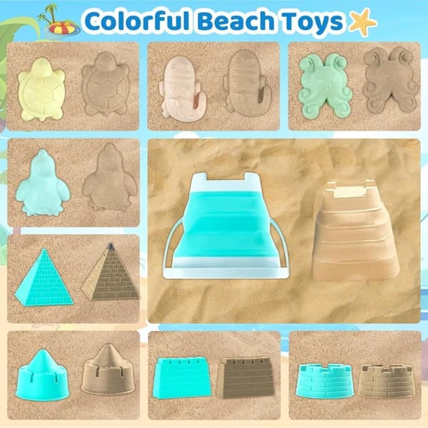 OBOSOE Beach Toy Set, 18-osainen hiekkalaatikkosetti taitettavalla ämpärillä – Hiekkalinnasetti 1-5-vuotiaille lapsille
