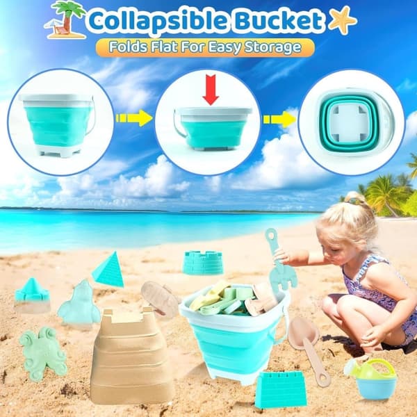 OBOSOE Beach Toy Set, 18-osainen hiekkalaatikkosetti taitettavalla ämpärillä – Hiekkalinnasetti 1-5-vuotiaille lapsille