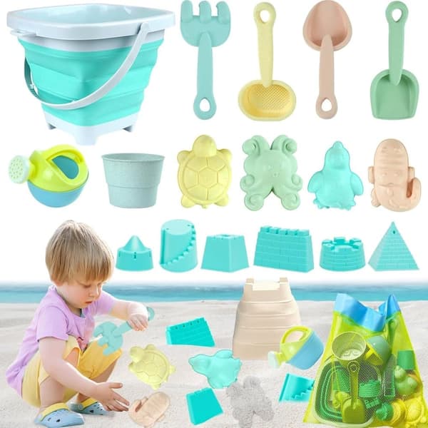 OBOSOE Beach Toy Set, 18-osainen hiekkalaatikkosetti taitettavalla ämpärillä – Hiekkalinnasetti 1-5-vuotiaille lapsille