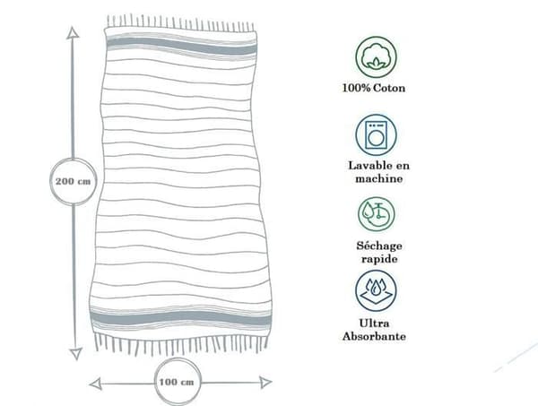 Fouta de Plage Nid d’Abeille 100% bomull Storlek - Mjukhet och komfort – Strandhandduk - 100x200cm - 100 x 200 cm - blå