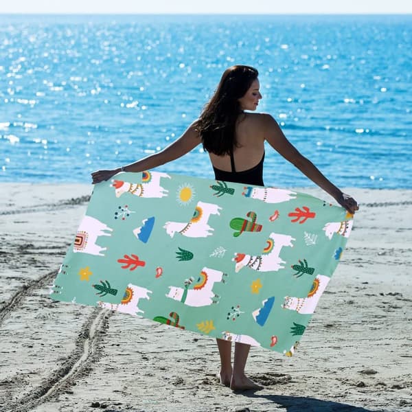 Bomclap Rantapyyhe 70x140 cm - Laamakuvio kaktuksella ja luonnollisella kuviolla Nopeasti kuivuva kylpypyyhe Matkapyyhe Hiekankestävä