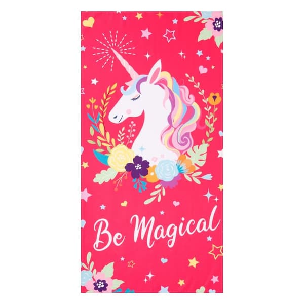 Bomclap Strandhåndklæde 70x140 cm - Enhjørning med blomster og "Be Magical" - Tekstmønster Hurtigtørrende badehåndklæde Rejsehåndklæde Sandafvisende