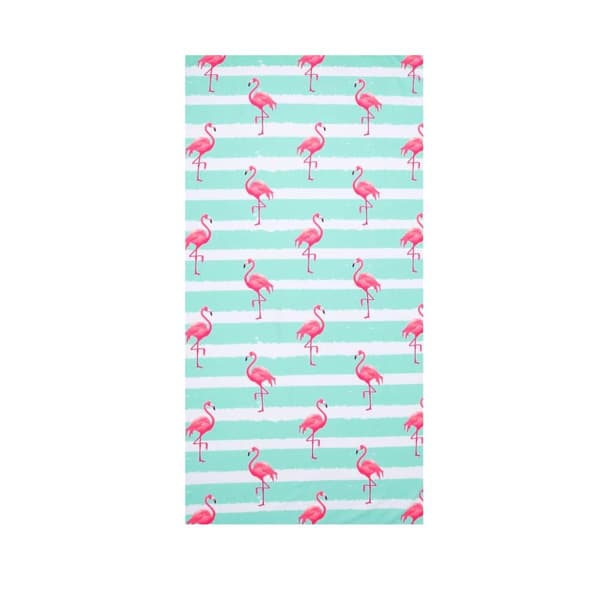 Bomclap Strandhåndklæde 70x140 cm - Flamingo på turkis - og hvid Strifmønster Hurtigtørrende badehåndklæde Rejsehåndklæde