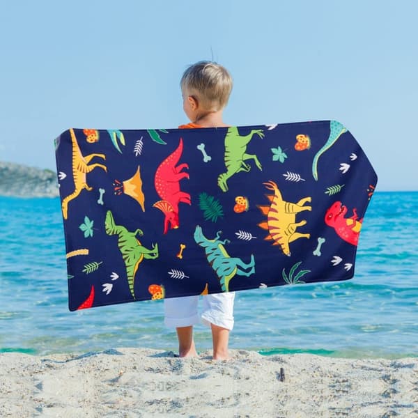 Bomclap Strandhandduk 70x140 cm - Färgstarka Dinosauriemönster med Natur - och Vulkanelement Snabbtorkande Badhandduk Resehandduk