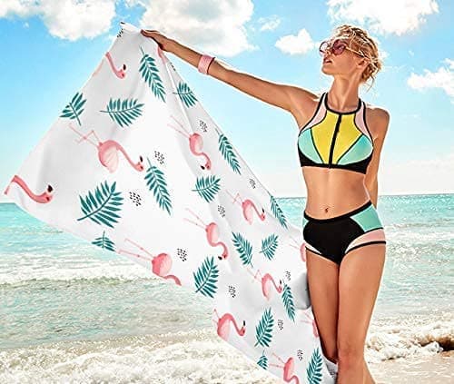 Bomclap Rantapyyhe 70x140 cm - Flamingo ja sininen palmunlehtikuvio Nopeasti kuivuva kylpypyyhe Matkapyyhe