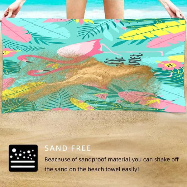 Bomclap Rantapyyhe 70x140 cm - Flamingo- ja puunlehtikuvio "hello summer" - Teksti Nopeasti kuivuva kylpypyyhe Matkapyyhe