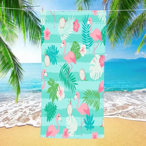 Bomclap Strandhåndklæde 70x140 cm - Flamingo og tropiske planter Mønster Hurtigtørrende Badehåndklæde Rejsehåndklæde
