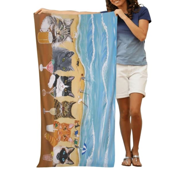 Bomclap Rantapyyhe 70x140 cm - Kissa - kuvio rannalla ja Raikasto - design Nopeasti kuivuva Rantapyyhe Matkapyyhe