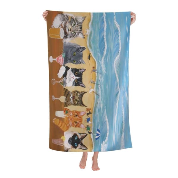 Bomclap Rantapyyhe 70x140 cm - Kissa - kuvio rannalla ja Raikasto - design Nopeasti kuivuva Rantapyyhe Matkapyyhe