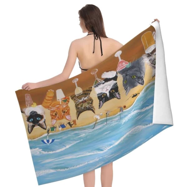 Bomclap Rantapyyhe 70x140 cm - Kissa - kuvio rannalla ja Raikasto - design Nopeasti kuivuva Rantapyyhe Matkapyyhe