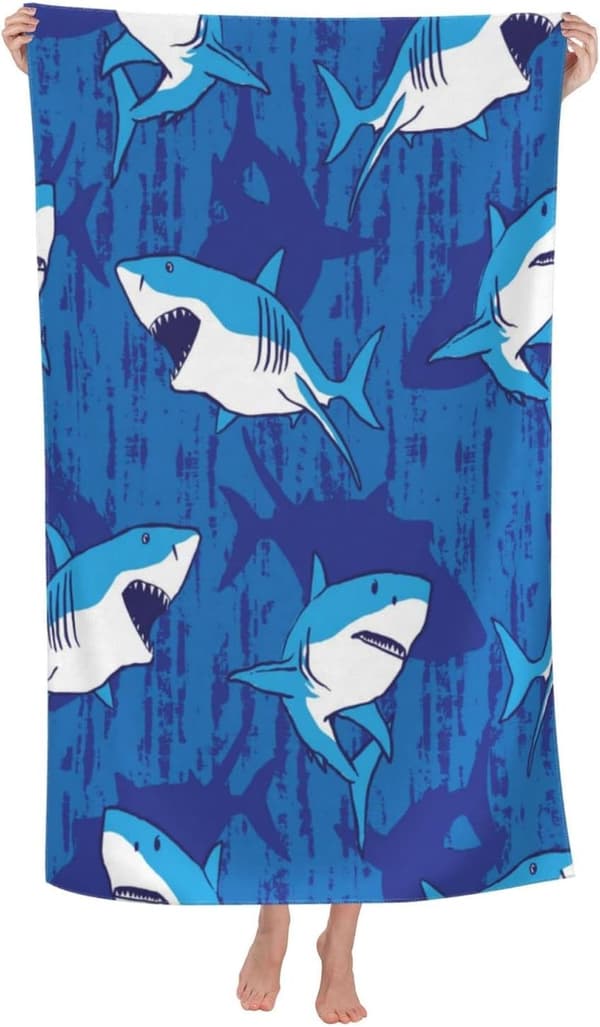 Bomclap Shark -uimapyyhe pojille - henkilökohtainen rantapyyhe lapsille 70x140cm, hiekaton mikrokuituinen nopeasti kuivuva allaspyyhe